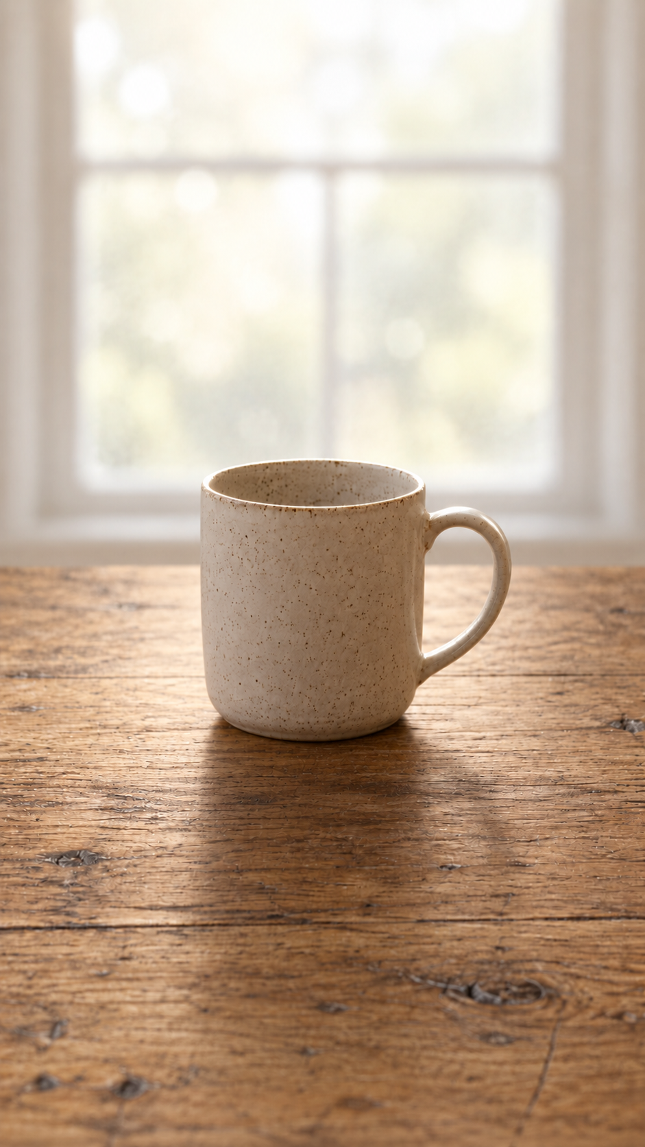Back light: illustrative ivory mug on an oak table